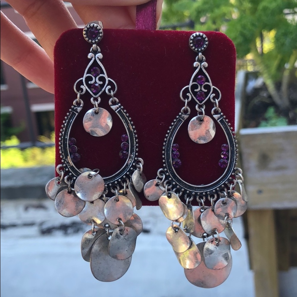 Silver Dangles With Disks And Purple Rhinestones - image 1